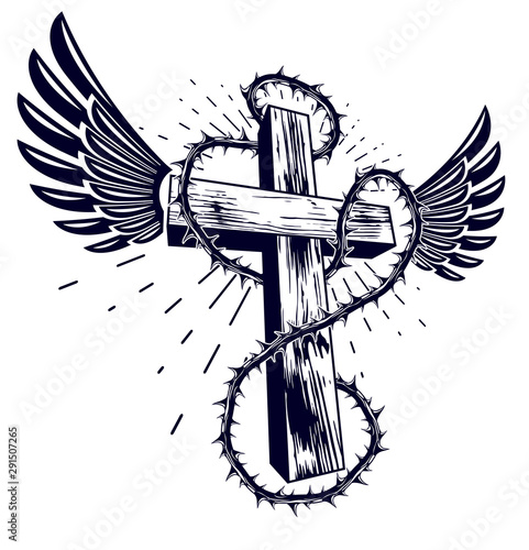 Christian cross with blackthorn thorn vector religion logo or tattoo, passion of the Christ.