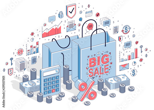Sellout concept, Retail, Big Sale, Shopping Bag with cash money stacks and coin piles isolated on white. Isometric 3d vector finance illustration with icons, stats charts and design elements.