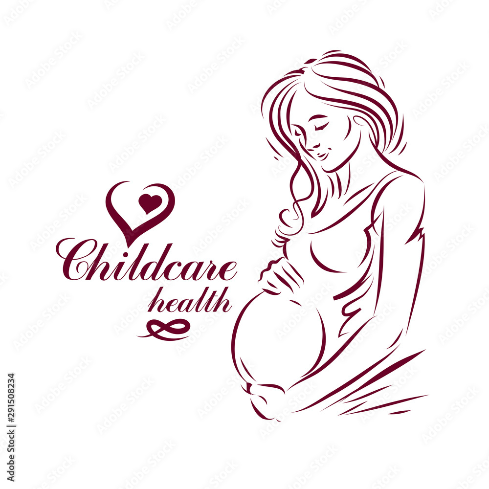 Vector hand-drawn illustration of pregnant elegant woman expecting baby ...