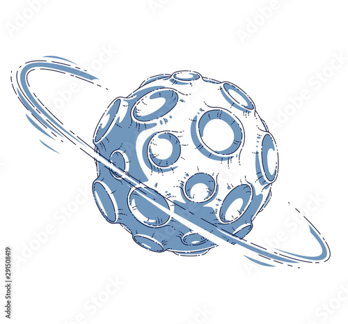 Small cartoon vector fantastic planet with craters from asteroid and meteorite rains fall. Thin line 3d vector illustration isolated on white background.