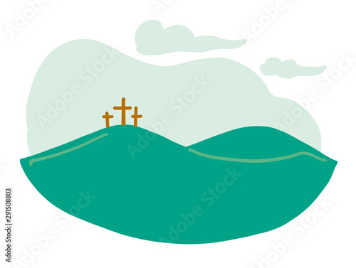 Cross on the mountain. Cartoon style as a vector.