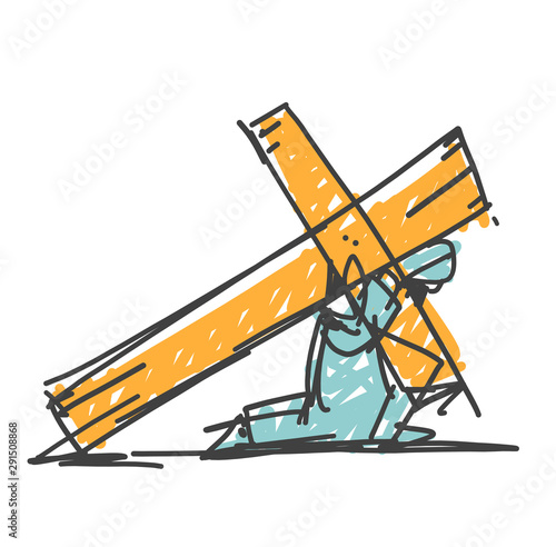 Jesus drawing a cross. Cartoon style as a vector.