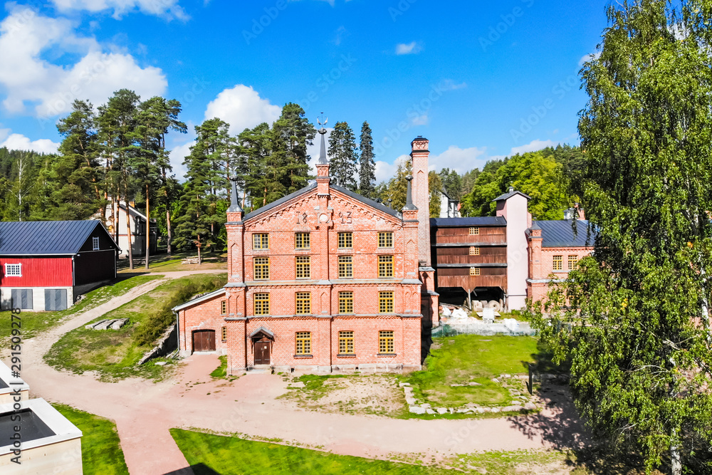 Kouvola, Finland - 2 September 2019: Aerial photo of Verla Mill museum Groundwood and Board Mill at Jaala, is a well preserved 19th century mill village and a UNESCO World Heritage site.