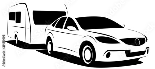 Dynamic vector illustration of a passenger car towing a caravan trailer for a camping adventure