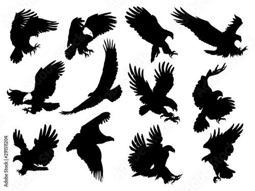 Set of silhouette eagles. Collection of flying eagles. Black white illustration of birds of prey. Tattoo.
