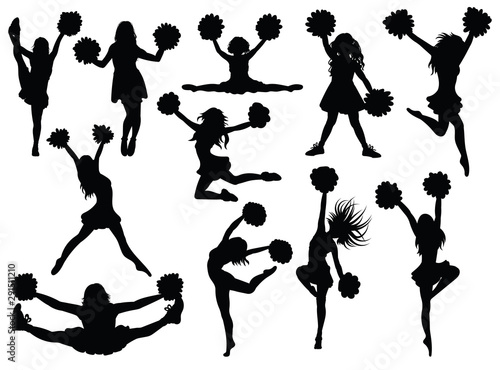 Set of silhouette cheerleaders. Collection of black and white silhouettes of girls from a support group. Vector illustration of cheerleaders. photo
