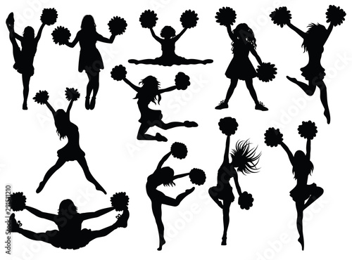Set of silhouette cheerleaders. Collection of black and white silhouettes of girls from a support group. Vector illustration of cheerleaders.