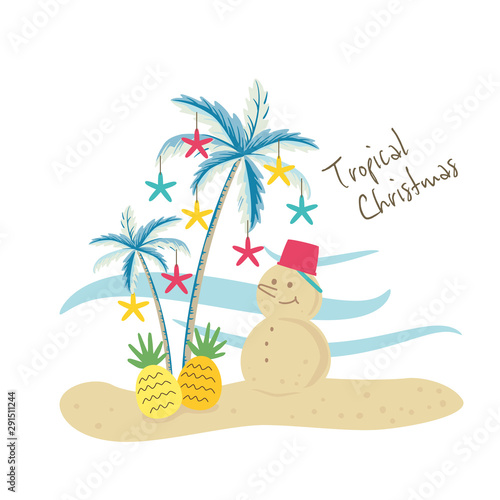 Vector illustration of tropical Christmas with palm trees and sand snowman