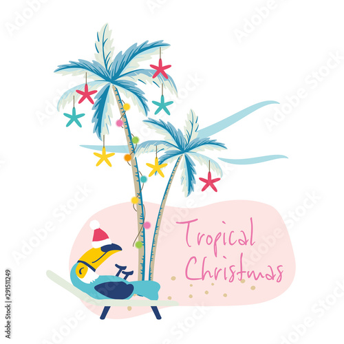 Vector illustration of tropical Christmas with palm trees and toucan bird