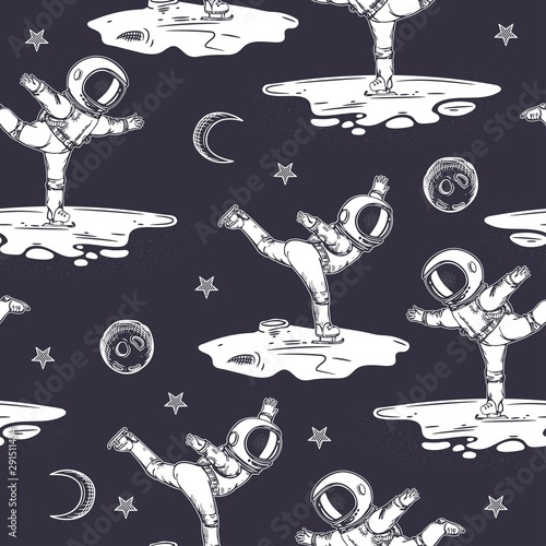 Astronauts ice skating in space. Seamless pattern. Vintage graphics.