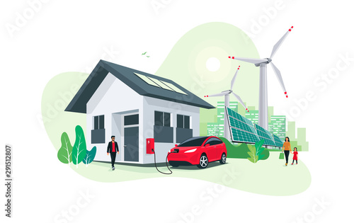 Electric car parking charging at home wall box charger station on house with a man. Renewable energy storage with wind turbines and solar panels smart city skyline in background. Vector illustration. 