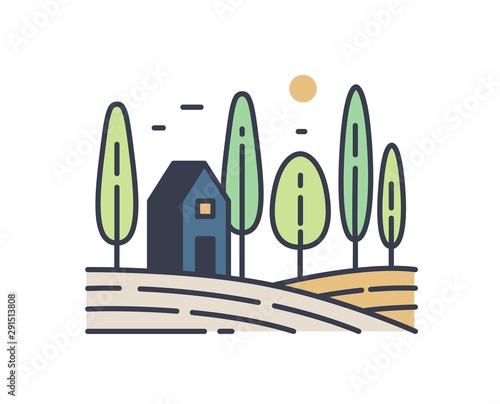 Simple rural landscape line art illustration