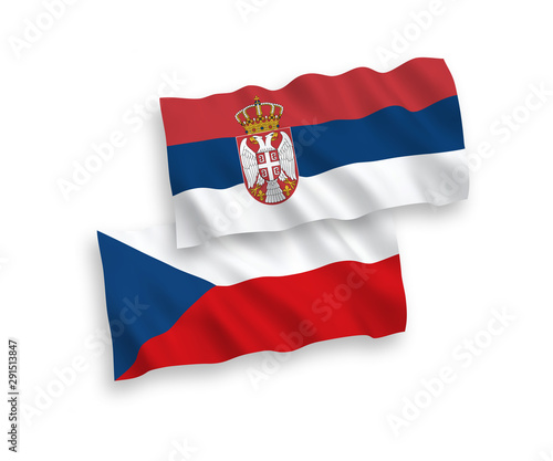 National vector fabric wave flags of Czech Republic and Serbia isolated on white background. 1 to 2 proportion.