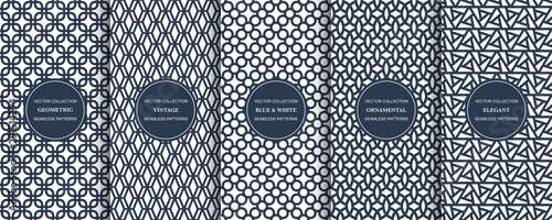 Collection of geometric simple seamless patterns - blue and white symmetric textures. Vector repeatable minimalistic backgrounds