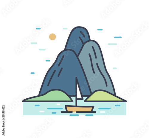 Romantic colorful scenery with boat trip in the sea near the mountains or hills
