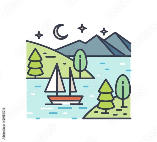 Romantic lake trip on starry night line art illustration