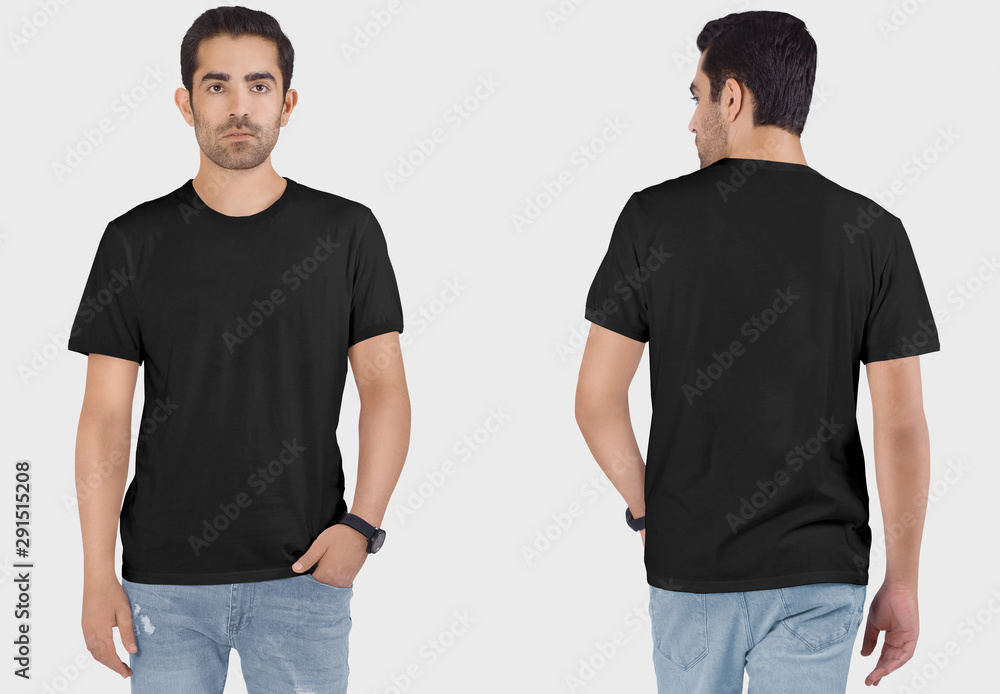 Front rear view of male model wearing black plain t shirt in denim jeans pant. Isolated background Front rear view of male model wearing black plain t shirt in denim jeans pant. Isolated background