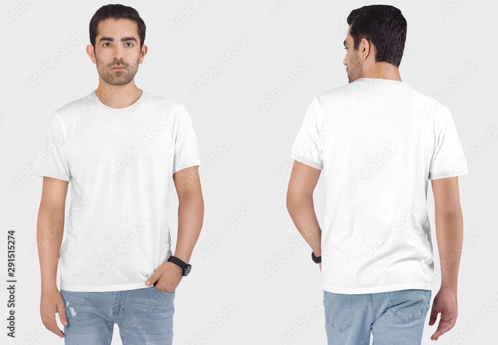 Front rear view of male model wearing white plain t shirt in denim jeans pant. Isolated background Front rear view of male model wearing white plain t shirt in denim jeans pant. Isolated background