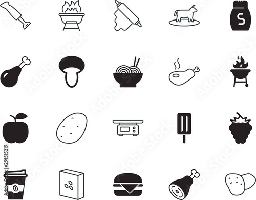 food vector icon set such as: cow, cappuccino, apple, juicy, mixer, stick, mushroom, frame, wheat, cylinder, preparation, empty, glass, knowledge, mug, kilogram, raspberry, table, tuber, blender