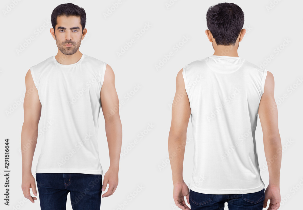 Front back view of young male model wearing white plain sports sleeveless shirt in dark blue denim jeans pant. Isolated background Front back view of young male model wearing white plain sports sleeveless shirt in dark blue denim jeans pant. Isolated background