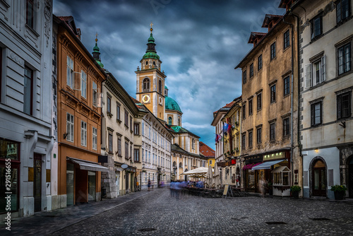 Street of the old city Ljubljana after the rain. Ljubljana capital of Slovenia.