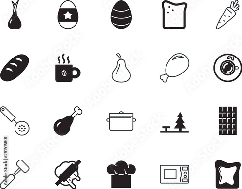 food vector icon set such as: park, recreation, professional, onion, roll, ripe, loaf, steak, chefs, spoon, veggie, tenderize, travel, nobody, ingredient, hammer, shape, vintage, logotype, carrots
