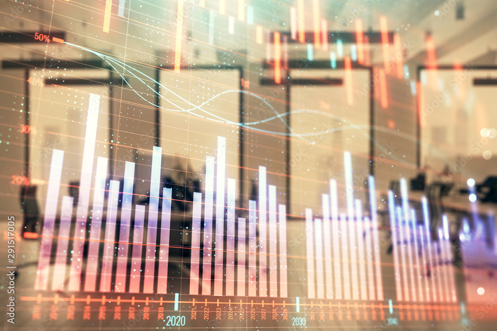 Stock market chart with trading desk bank office interior on background. Double exposure. Concept of financial analysis Stock market chart with trading desk bank office interior on background. Double exposure. Concept of financial analysis