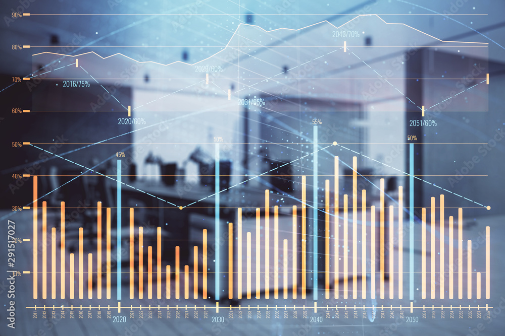 Stock market chart with trading desk bank office interior on background. Double exposure. Concept of financial analysis Stock market chart with trading desk bank office interior on background. Double exposure. Concept of financial analysis