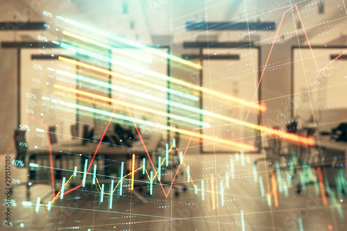 Stock market chart with trading desk bank office interior on background. Double exposure. Concept of financial analysis