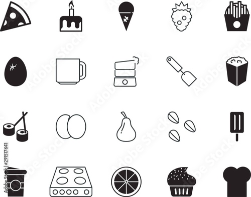 food vector icon set such as: shell, seed, hat, sesame, candle, pan, label, uniform, pin, rolls, ingredient, juice, muffin, steel, round, professional, cofee, person, cupcake, shape, berries