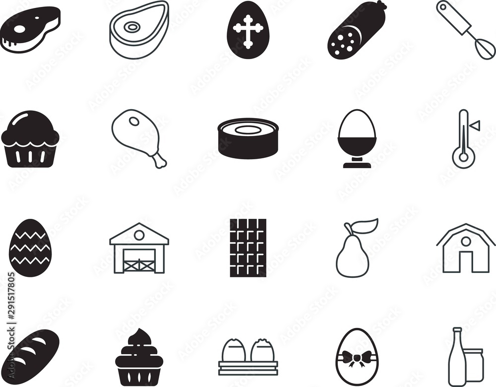 food vector icon set such as: shaker, pepper, chocolate, sirloin, linear, measurement, thin, abstract, sausages, seasoning, trend, bread, strip, fork, accessory, new, flavor, mixer, french