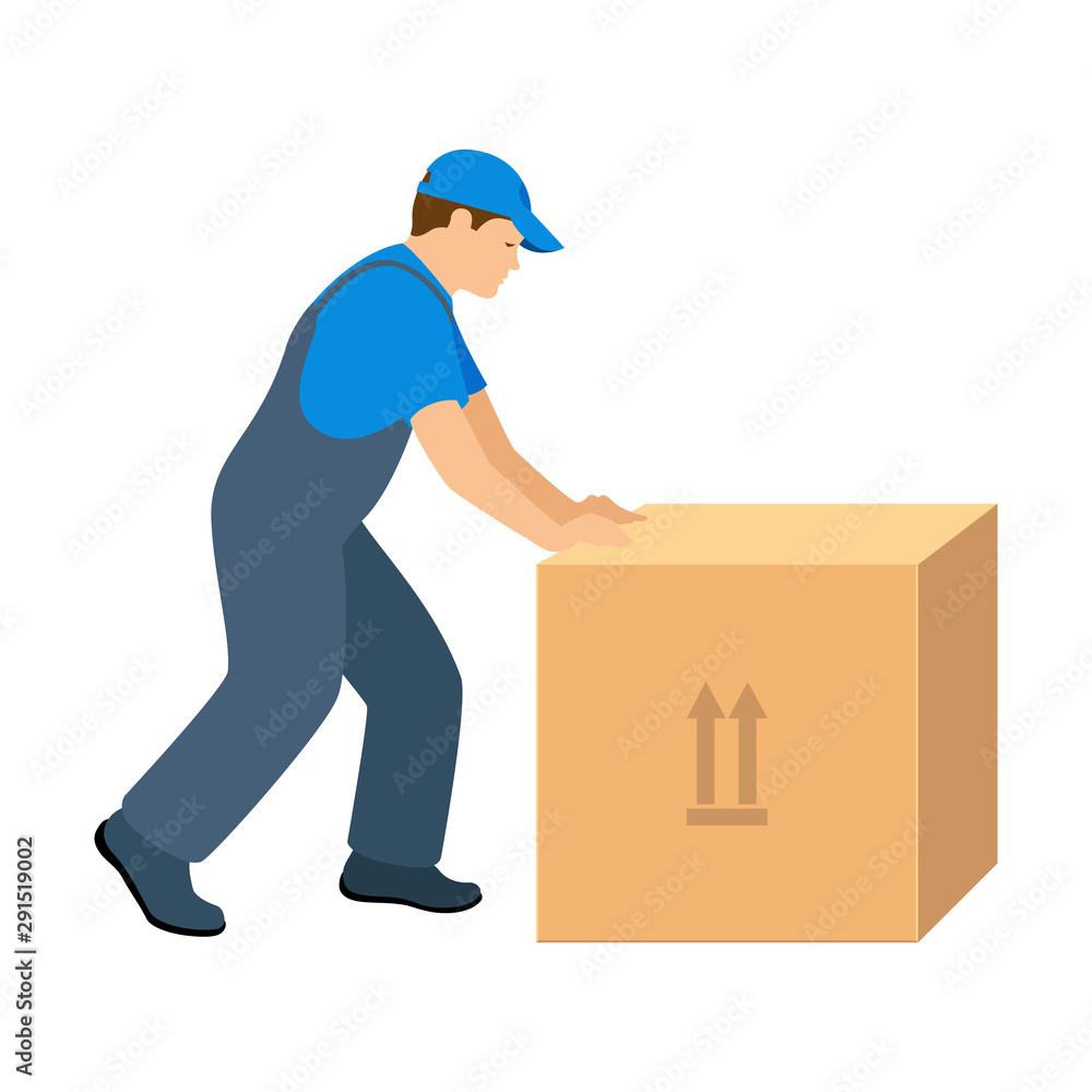 Hard worker pushes a big box. Service moving. Worker in uniform. Vector illustration isolated on white background Hard worker pushes a big box. Service moving. Worker in uniform. Vector illustration isolated on white background
