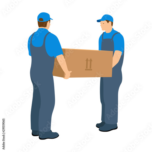 Two Men in the Moving Service carry a large box. Worker in uniform. Vector illustration on a white background