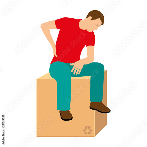 A man sits on a box. A man injured his back while carrying a load. Back pain. back injury. Vector illustration isolated on white background