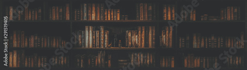 Fotografie, Obraz panorama blurred bookshelf Many old books in a book shop or library