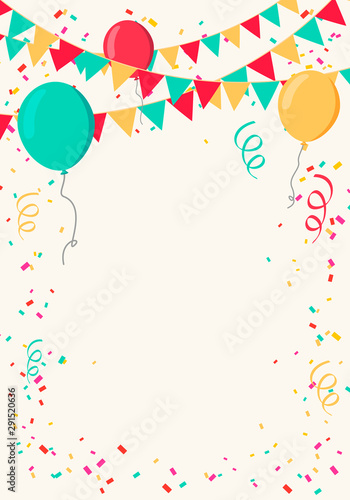 Vector Illustration Colorful Celebrate Background. Party Flags with Confetti and Balloons 