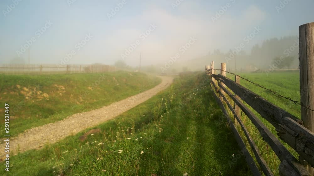 Village in fog in morning summertime. Foggy village path in the morning. Morning rural road landscape. Village in fog in morning summertime. Foggy village path in the morning. Morning rural road landscape.