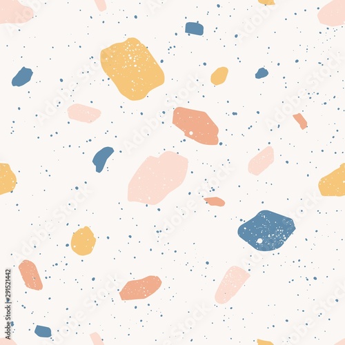 Colorful venetian terrazzo imitation seamless pattern. Realistic marble texture with stone fragments. Modern minimalistic floor tile for interior decoration. Trendy abstract vector illustration.