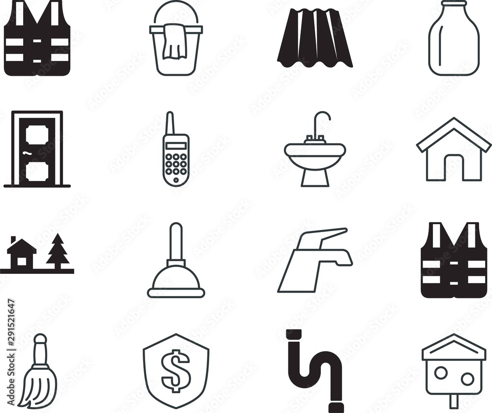 home vector icon set such as: bucket, gas, template, tin, sweep, residential, smart, art, telephone, doorway, stick, investment, phone, cell, bird, stream, conservation, bucketful, contact, storage