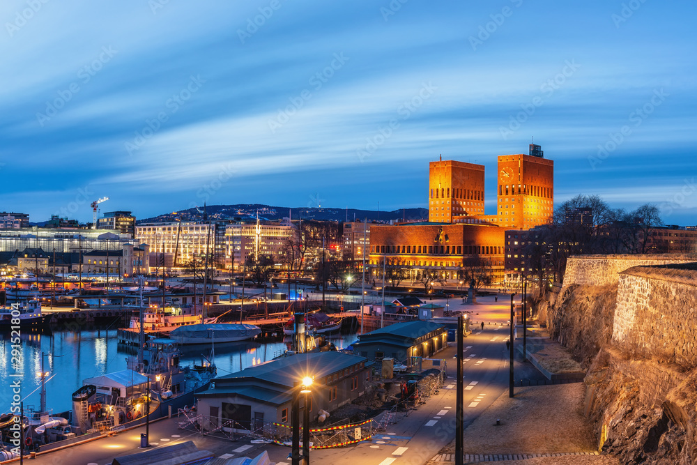 Oslo Norway, night city skyline at Oslo City Hall and Harbour