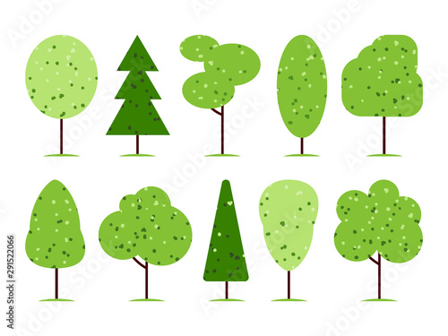 Set of simple flat textured trees от white background. Abstract stylized plant silhouette icons. Vector illustration.