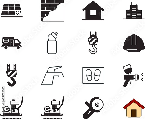 home vector icon set such as: holiday, tile, mixer, kitchen, motorhome, hardhat, washing, trowel, one, tiles, chore, recreation, detergent, office, van, logo, liquid, carpet, front, power, cartoon
