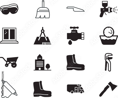 home vector icon set such as: airbrush, clock, painter, extreme, food, builder, journey, planning, professional, measure, innovation, blueprint, paint, automotive, compass, business, view