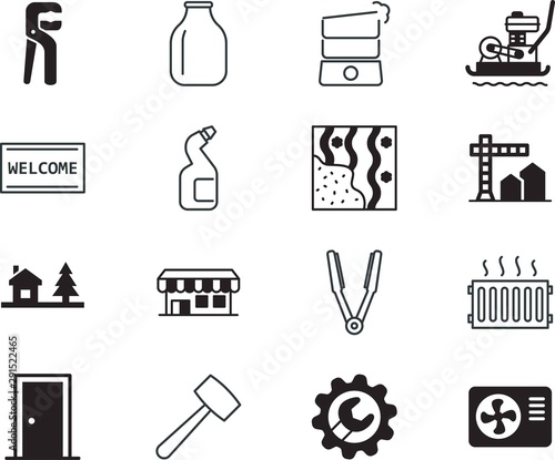 home vector icon set such as: contractor, dryer, electricity, minimal, board, foot, crane, restaurant, action, cap, mountain, logotype, residential, air-conditioner, hair, engineer, heater, cooler