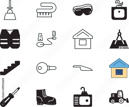 home vector icon set such as: driving, distance, drawing, footwear, clothes, shoe, mover, planning, metal, local, innovation, compass, end, dirty, hydraulic, ppe, hardware, summer, manufacture, broom