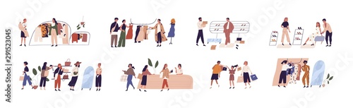 People shopping flat vector illustrations set. Happy boutique customers and friendly sellers cartoon characters. Clothing sale, consumerism concept. Garments shop, apparel retail business.