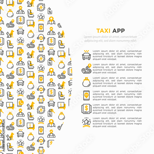 Taxi app concept with thin line icons: payment method, promocode, app settings, info, support service, phone number, route, destination, airport transfer, baby seat. Vector illustration.