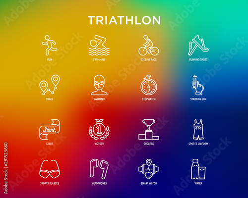 Triathlon thin line icons set: runner, swimmer, cycling race, stopwatch, starting, gun, sport glasses, start, victory, success. Modern vector illustration.