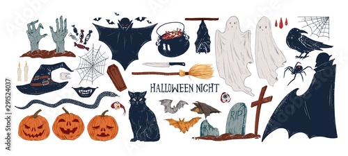 Halloween symbols hand drawn vector illustrations set. Jack lanterns, black cat, spider web and bats. Spooky autumn holiday accessories. Witch hat, vampire, ghost and zombie on white background