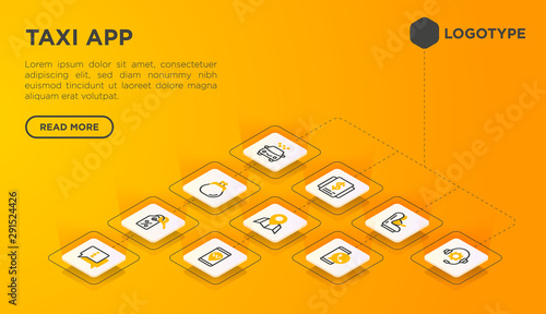 Taxi app web page template with thin line isometric icons: payment method, promocode, app settings, info, support service, pointer, route, destination, airport transfer, baby seat. Vector illustration